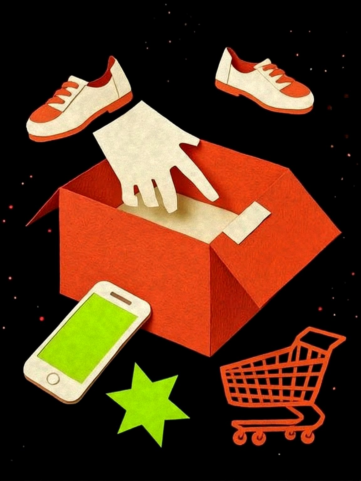 Una mano arma una caja con zapatillas, un celular y un carrito